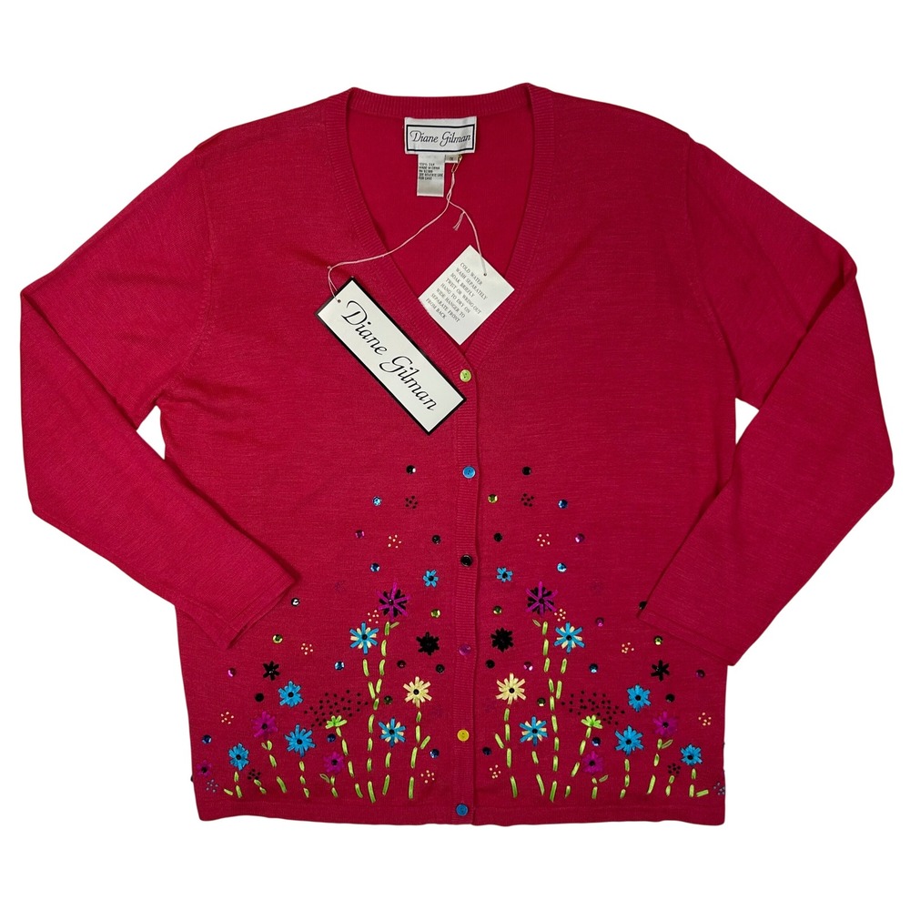 Diane Gilman Womens 1X Pink Silk Floral Embroidered Sequin Cardigan 05168316H